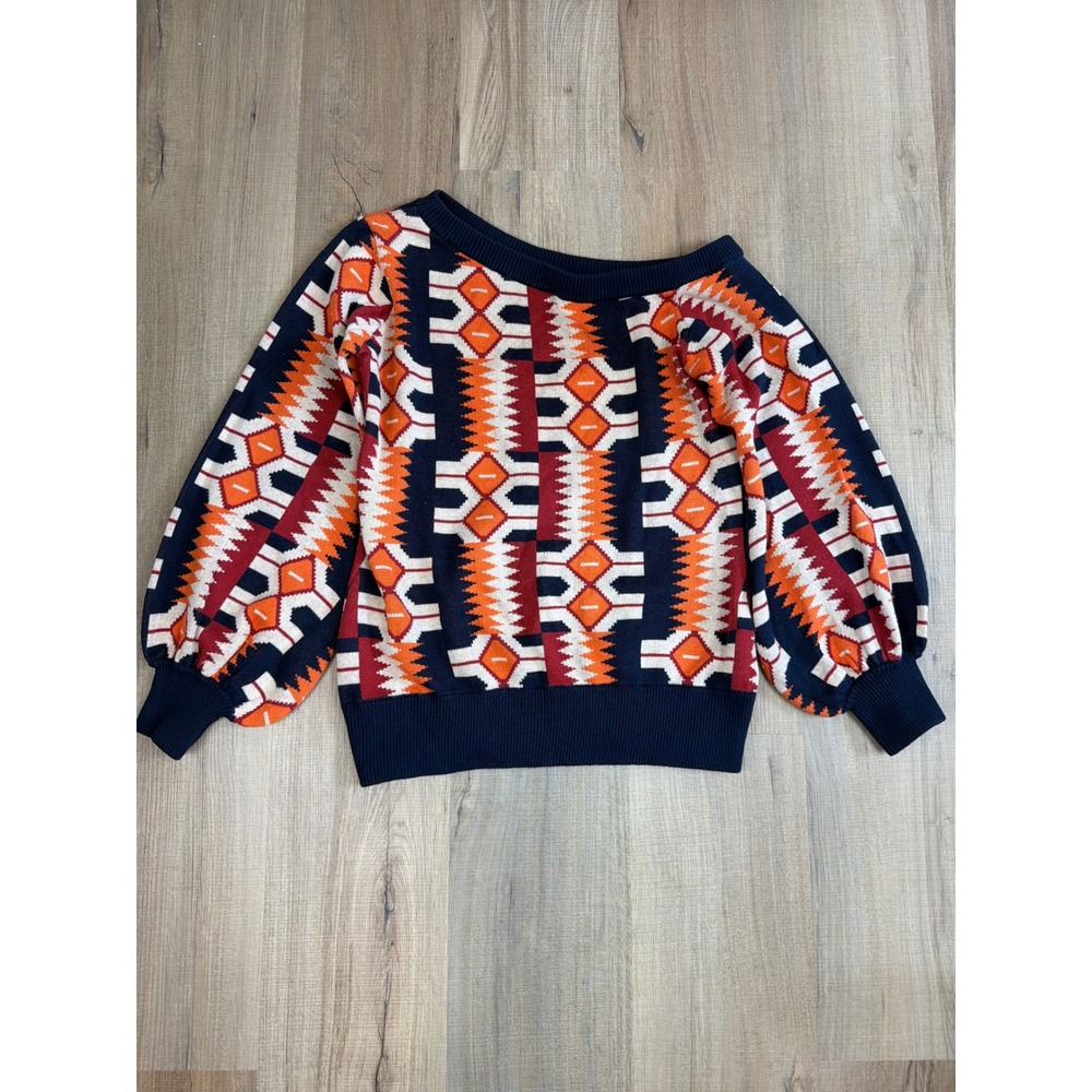 D'IYANU Hiba African Print Off-Shoulder Sweater Navy Orange Geometric Med NWOT